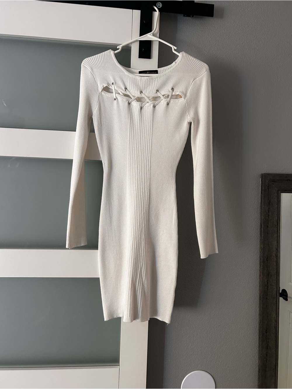 White Lace-Up Ribbed Long-Sleeve Dress